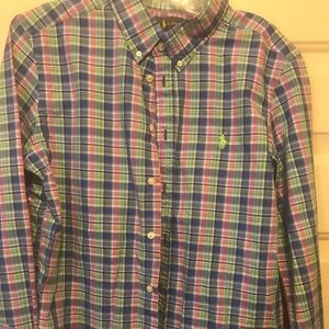 Long sleeve plaid m, button-down polo